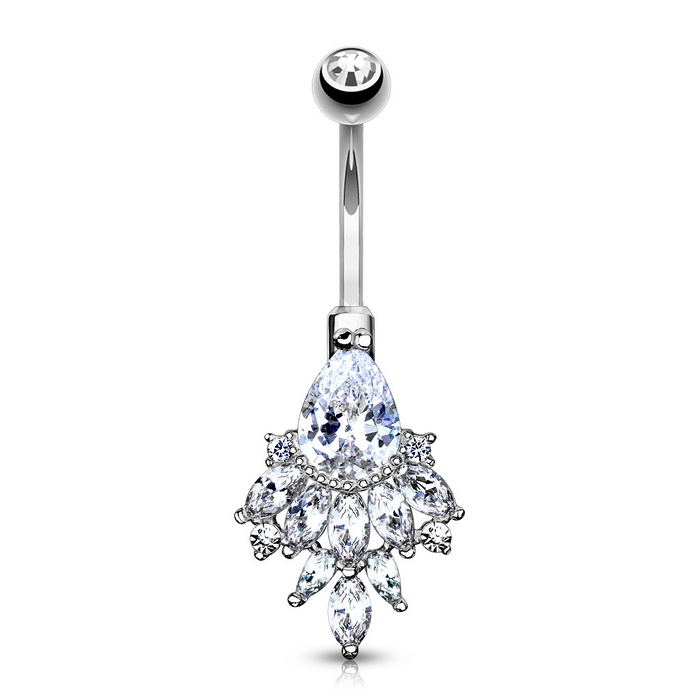 14K Pear CZ Cascading Oval Cluster White Gold Belly Ring