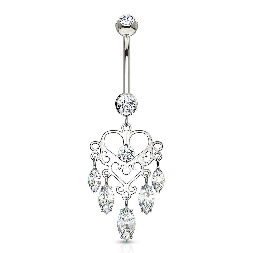 14K Chandelier Heart CZ Dangle Marquise White Gold Belly Ring