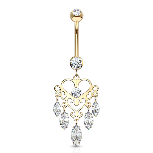 14K Chandelier Heart CZ Dangle Marquise Solid Gold Belly Ring - PRE-ORDER