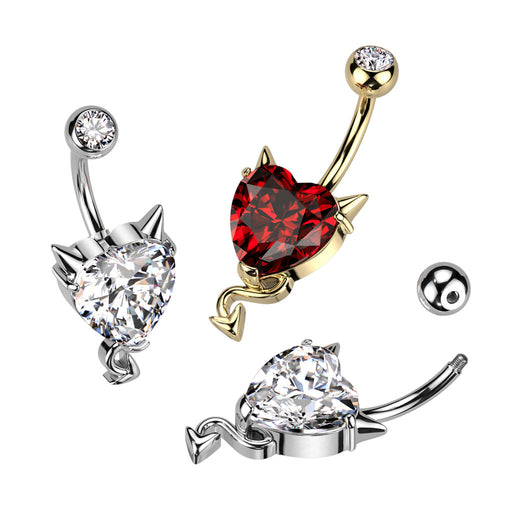 Steel CZ Heart With Devil Horns and Tail Belly Button Ring