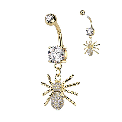 Gold CZ Pave Spider Dangle Belly Button Ring