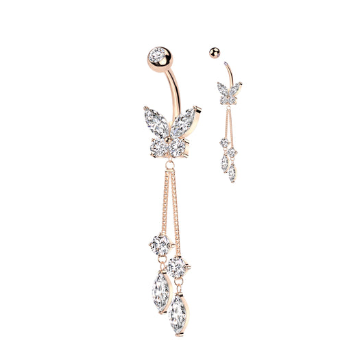 Rose Gold CZ Butterfly With Dangling Round and Marquise Stones Belly Ring