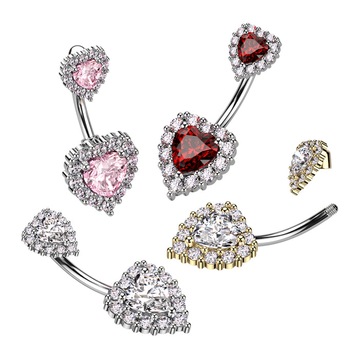 Pink and Clear Double CZ Paved Heart Belly Ring