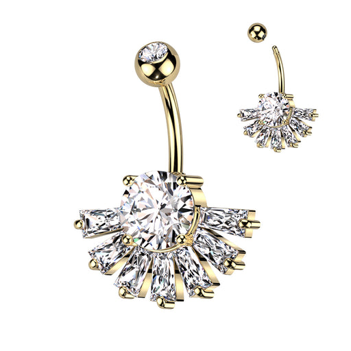 Gold Large CZ with Baguette Fan Semi-Shield Belly Ring