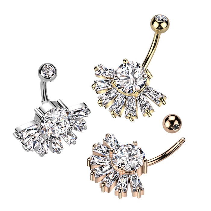 Gold Large CZ with Baguette Fan Semi-Shield Belly Ring