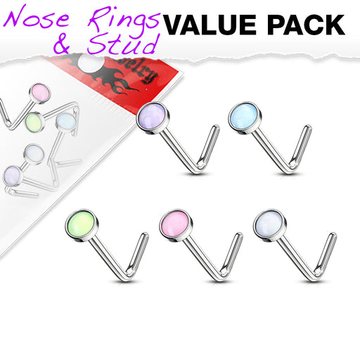 5 Piece Value Pack Illuminating Stone Set L Bend Nose Stud Rings
