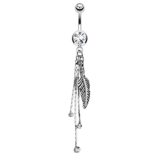 Long Dangle Leaf Belly Button Ring - Clear