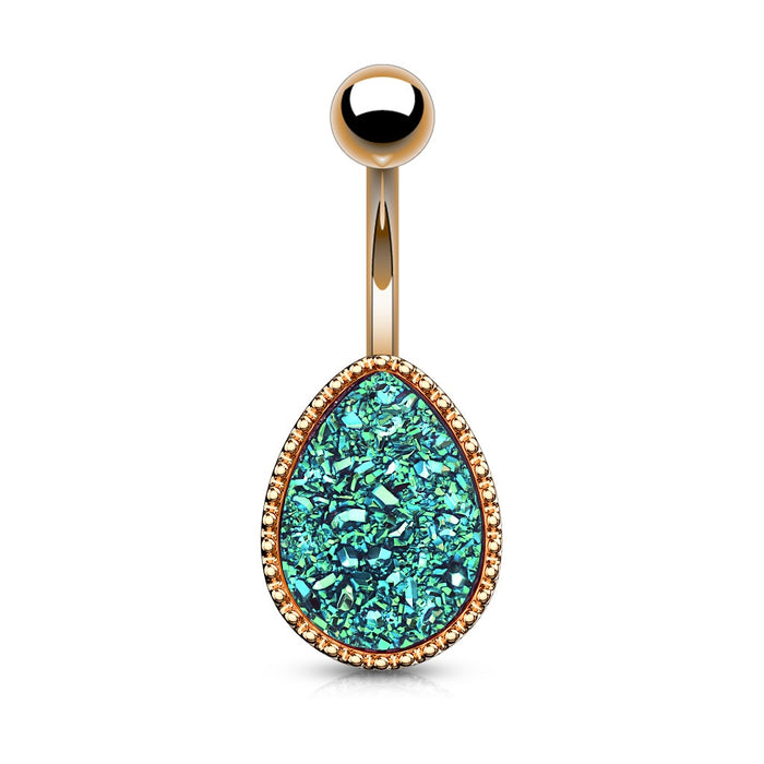 Tear Drop Rose Gold Druzy Stone Green Belly Ring