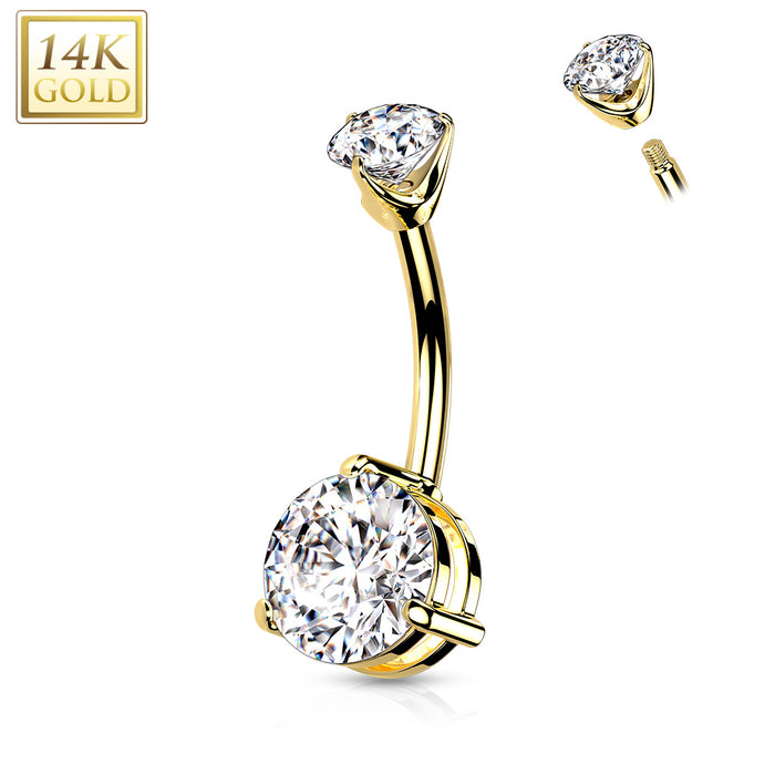 14k Solid Gold CZ Round Double Prong Set Belly Ring