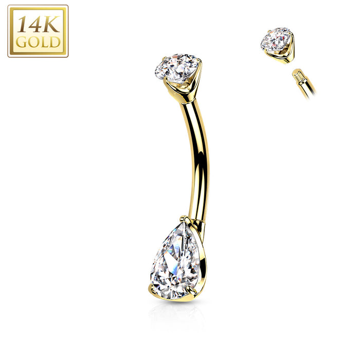 14k Teardrop Solid Gold Clear CZ Prong Set Belly Ring