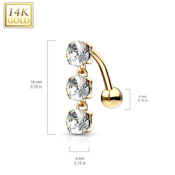 14K Solid Gold Top Down Triple CZ Stones Dangle Belly Ring