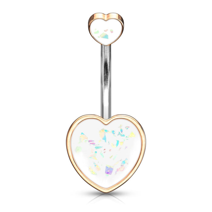 Double Hearts Opal Glitter Belly Ring Rose Gold