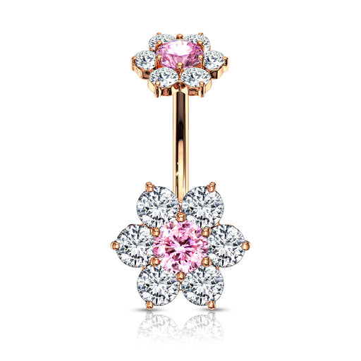 Double 7 CZ Internally Threaded Rose Gold Pink Flower Belly Button Ring