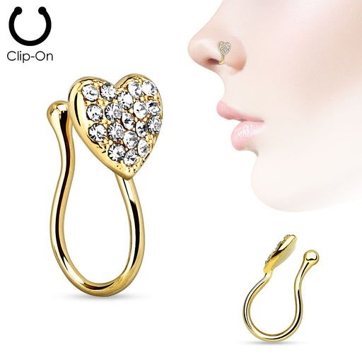 Gold Heart with Gems Fake Clip On Nose Ring