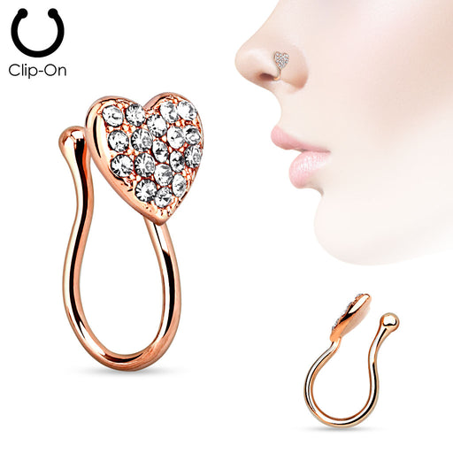 Rose Gold Heart with Gems Fake Clip On Nose Ring