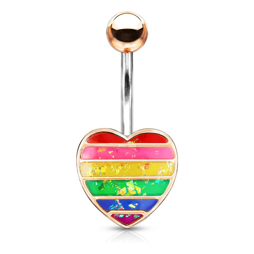 Rose Gold Rainbow Opal Glitter Filled Heart Belly Ring