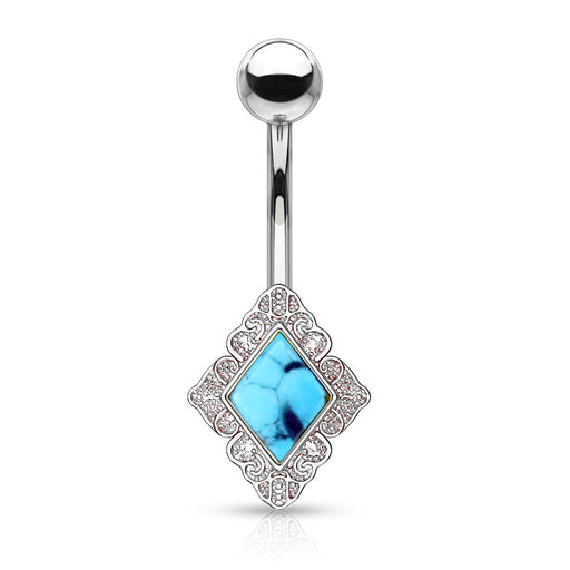 Diamond Shaped Turquoise Center Belly Ring - Silver