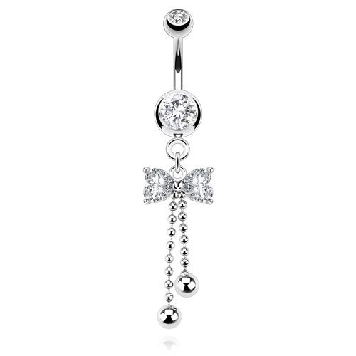 Clear Ribbon CZ with Cascading Beads Belly Ring