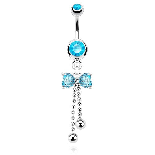 Aqua Ribbon CZ with Cascading Beads Belly Ring