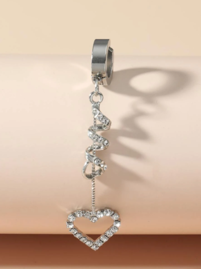 Rhinestone Heart Dangle Chain Clip On Fake Belly Button Ring