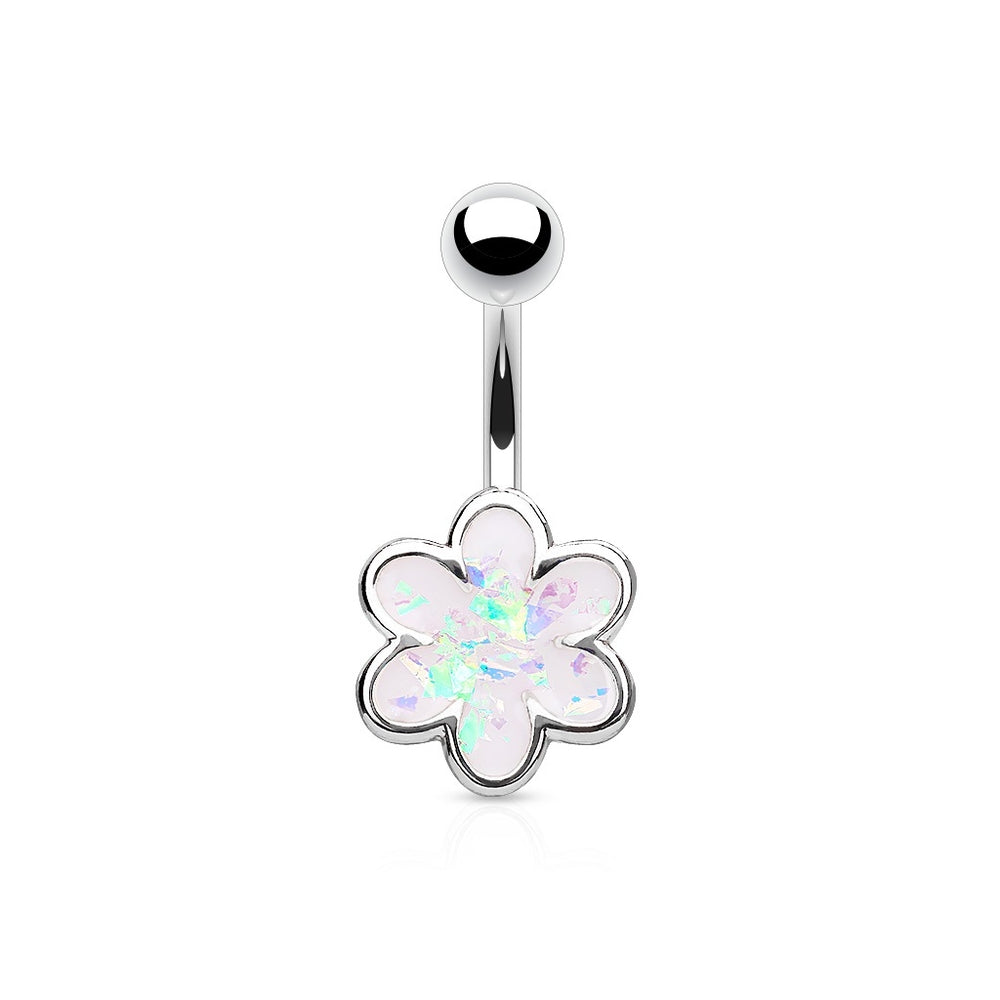 Opal Glitter Filled Flower Belly Ring Silver