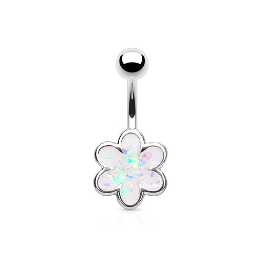 Opal Glitter Filled Flower Belly Ring Silver