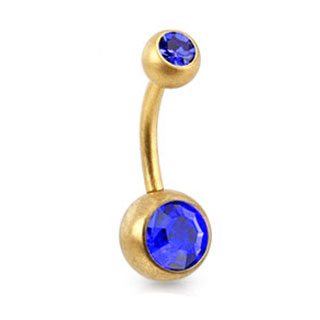 Brushed Gold Belly Ring - Royal Blue Double Gem