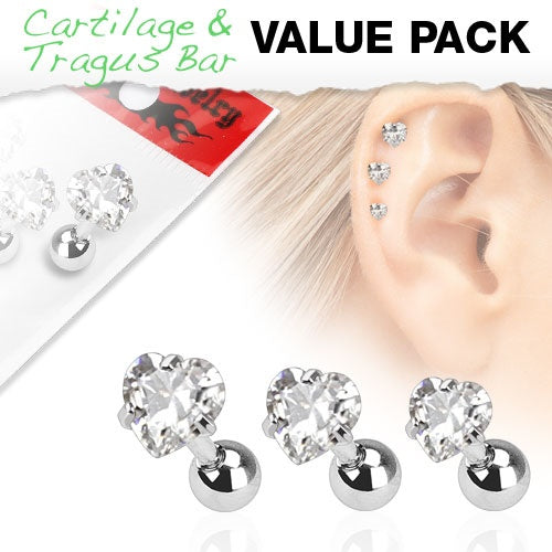3 Pack Cartilage Rings with Clear Hearts