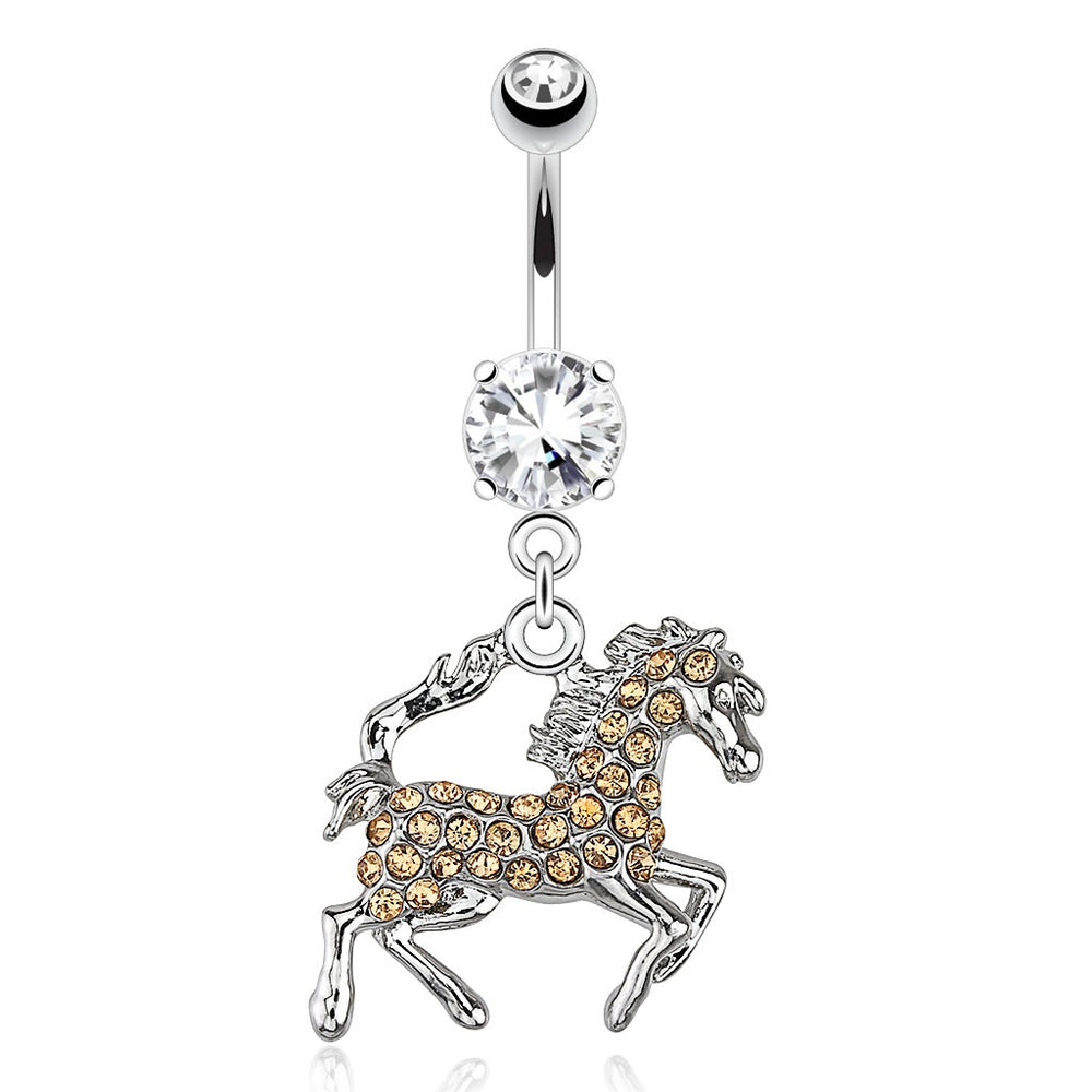 Horse with Peach Paved Gems Belly Ring