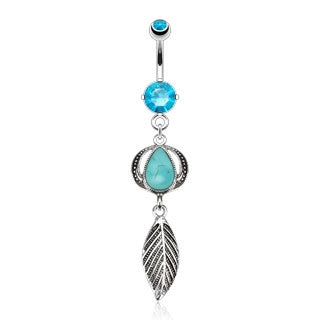 Leaf Belly Button Ring - Turquoise Stone