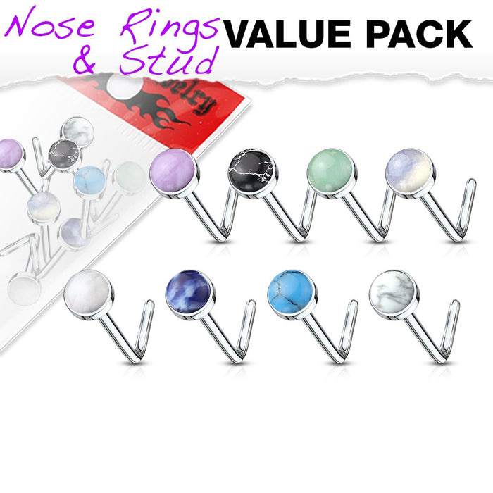 8 Pack Semi Precious Stone L Bend Nose Rings