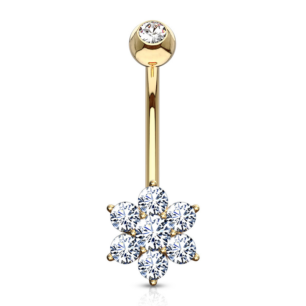 14K Flower CZ Clear Solid Yellow Gold Belly Ring