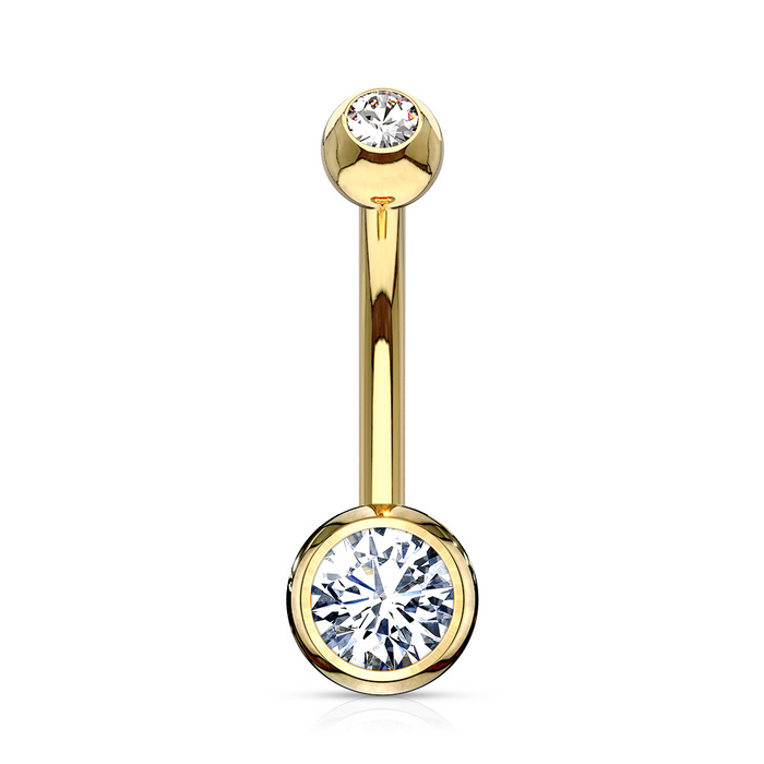 14K Solid Gold CZ Double Gemmed Belly Ring
