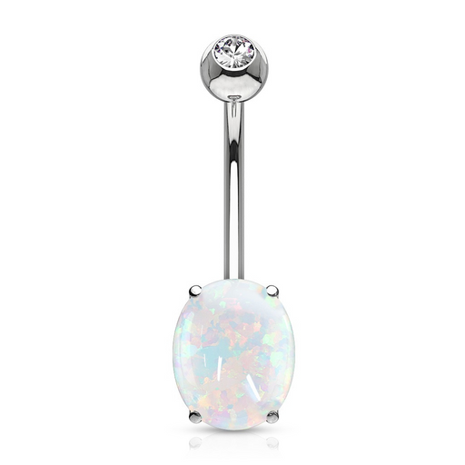 14K Solid White Gold Opal Belly Ring