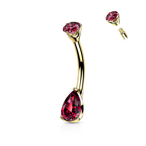 Metal Rose Belly Ring - Red CZ Gem Navel Piercing - Stainless Steel 14g (w421)