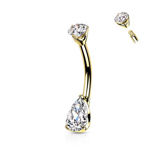 14k Teardrop Solid Gold Clear CZ Prong Set Belly Ring