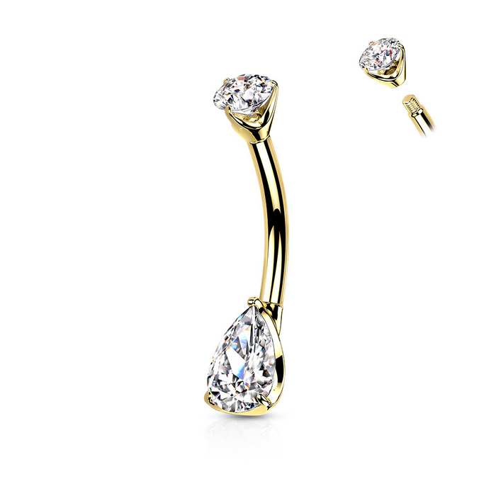 14k Teardrop Solid Gold Clear CZ Prong Set Belly Ring - PRE-ORDER