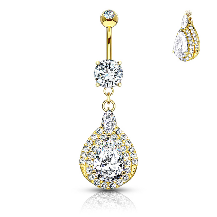 14 KT Three Tiered Tear Drop CZ Dangle Solid Gold Belly Ring