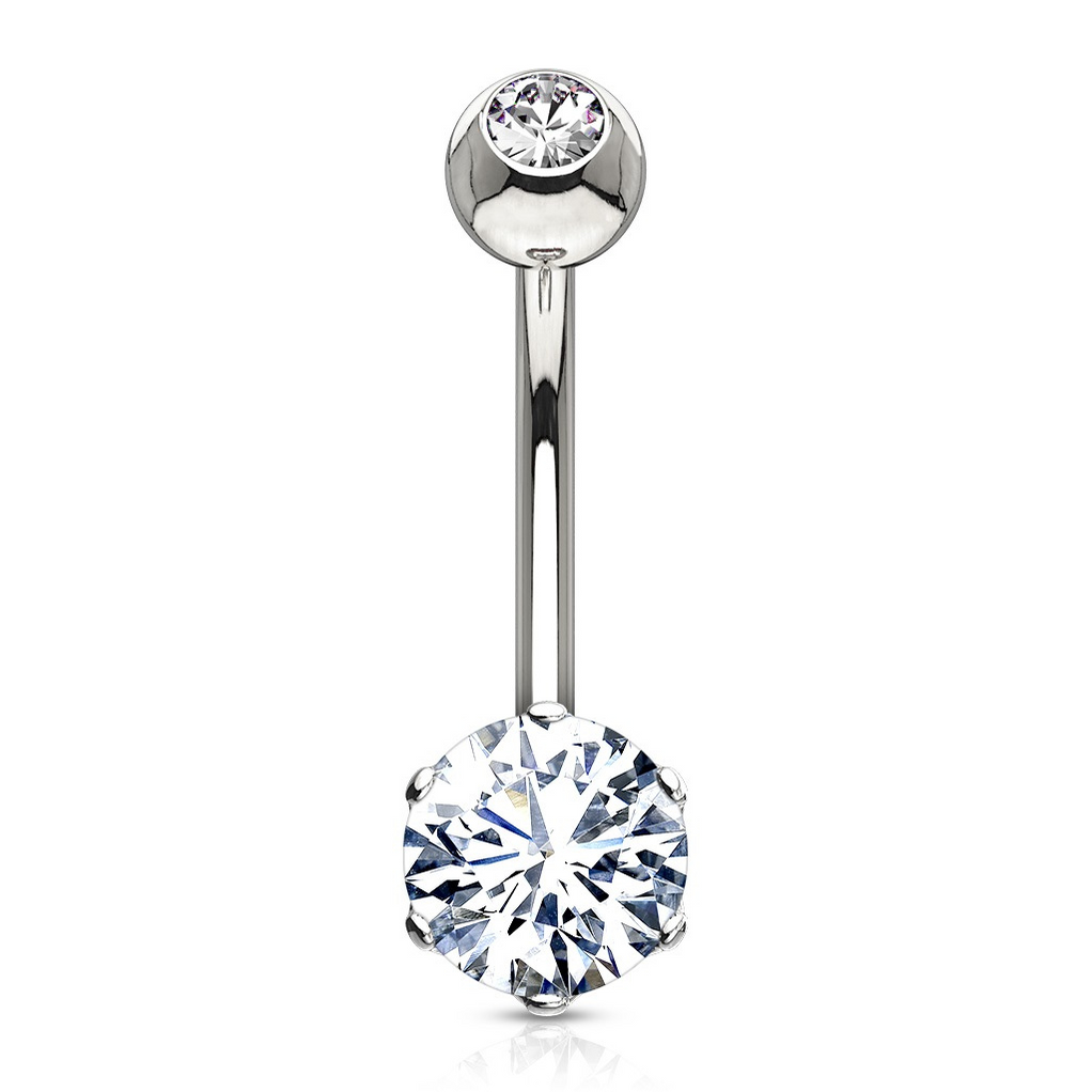 14k White Gold Belly Button Ring Round Gem Belly Button Rings & Bars