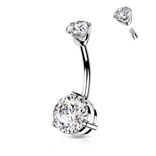 14k White Gold Round CZ Double Prong Set Belly Ring