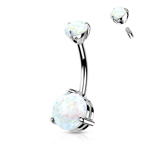 14k White Gold Round Opal Double Prong Set Belly Ring