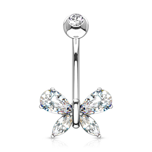 14K Teardrop Marquise Butterfly CZ White Gold Belly Ring