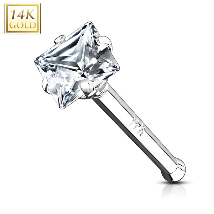 14KT White Gold Nose Ring with Prong Set CZ