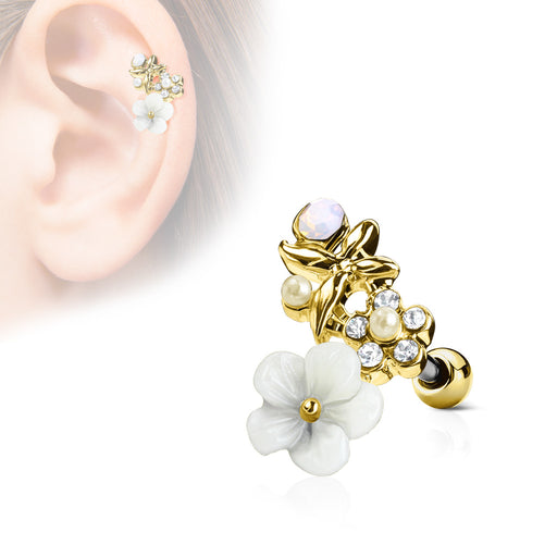 CZ and Flowers Cartilage Ring Gold