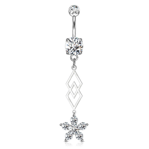CZ Flower and Overlapping Diamonds Dangle Belly Button Ring