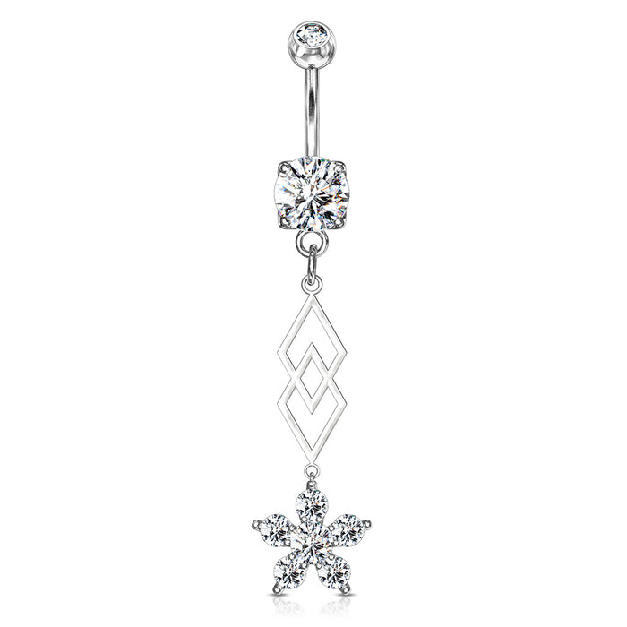 CZ Flower and Overlapping Diamonds Dangle Belly Button Ring