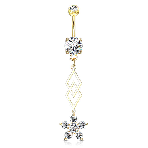 Gold CZ Flower and Overlapping Diamonds Dangle Belly Button Ring