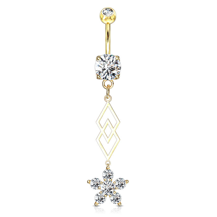 Gold CZ Flower and Overlapping Diamonds Dangle Belly Button Ring