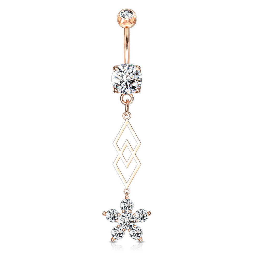 Rose Gold CZ Flower and Overlapping Diamonds Dangle Belly Button Ring