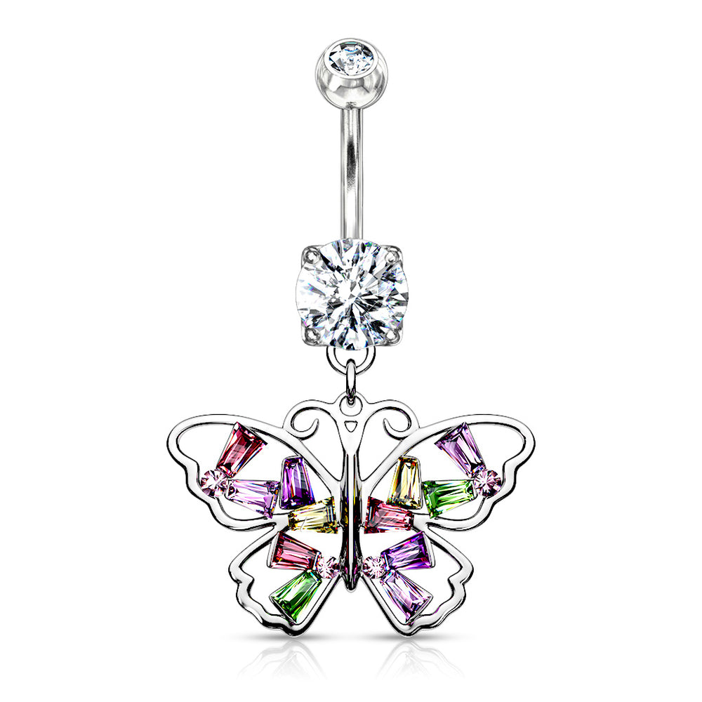 Silver Butterfly with Multi Colored Baguette CZ Wings Dangle Belly Button Ring